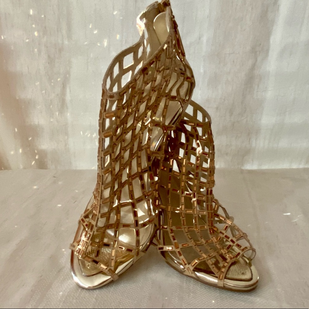 Liz Form Open Toe Cutout Sandal Boot GoldTone Heel